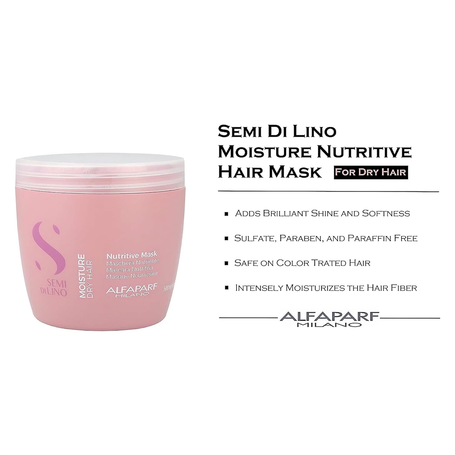 Alfaparf Milano Semi Di Lino Moisture Nutritive Mask for Dry Hair - Safe on Color Treated Hair - Sulfate, Paraben and Paraffin Free - Professional Salon Quality