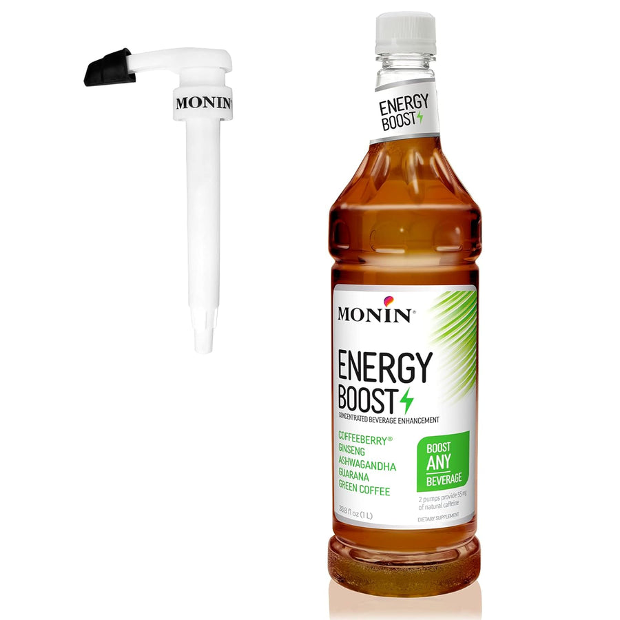 Monin - Energy Boost, Liquid Energy Supplement, Subtle Tea Flavor, Zero Added Sugar, Great for Coffee, Soda, & More, Low-Calorie, Contains Natural Caffeine, Gluten-Free, Clean Label (1 Liter + Pump)