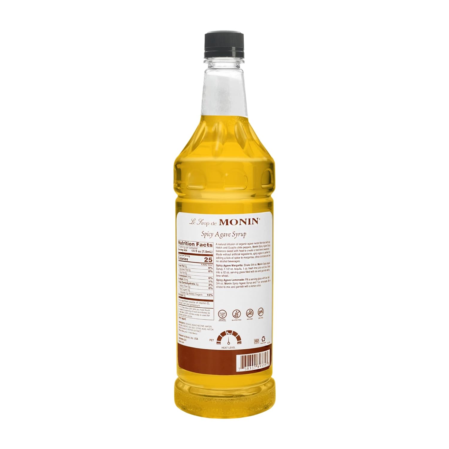 Monin - Spicy Agave Sweetener, Made with Organic Agave Nectar, Great for Margaritas, Ranch Waters, Lemonades, & Specialty Cocktails, No Artificial Ingredients, Gluten-Free, Non-GMO (1 Liter)