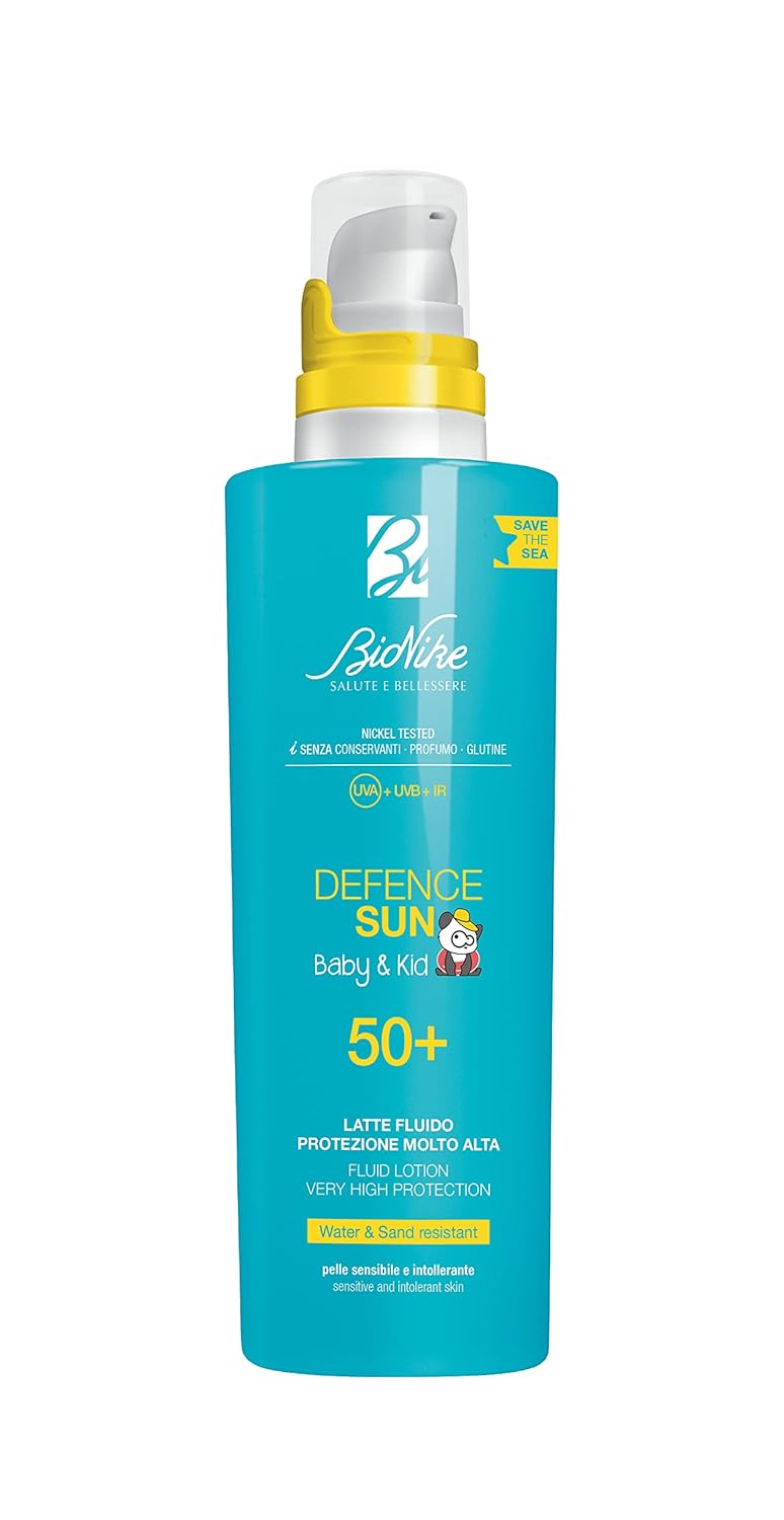 Defence Sun Baby & Kid - Latte Solare Fluido per Bambino e Neonato SPF 50+, Azione Protettiva, Effetto Waterproof e Anti-sabbia, Lenisce e Ripara la Pelle, 200 ml