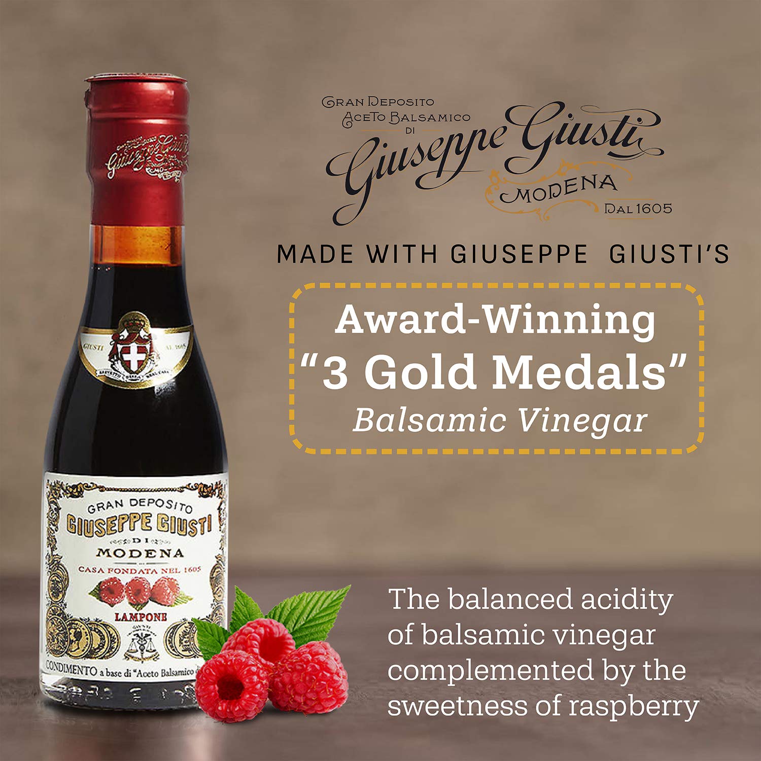 Giuseppe Giusti Raspberry Balsamic Vinegar - Flavored Balsamic Vinegar Imported from Italy - 3.38 Fl Oz