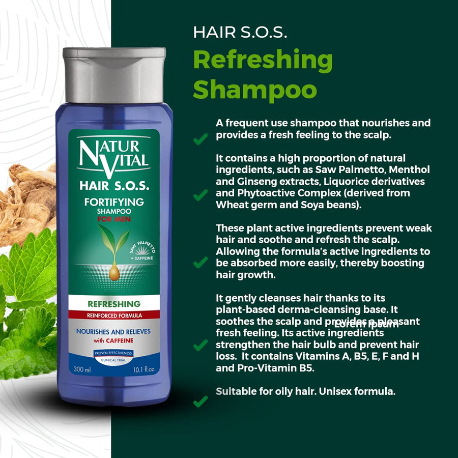 Natur Vital Unisex Natural Hair SOS Refreshing Ginseng Mint Shampoo, Revitalizing & Fortifying Formula, Cruelty-Free & Paraben-Free