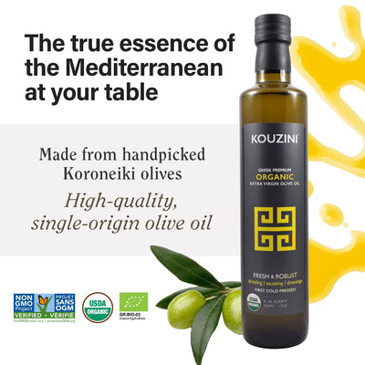 Kouzini Organic Greek Extra Virgin Olive Oil, First Cold Pressed, Single Origin, Family Owned Organic Extra Virgin Olive Oil, Cold Pressed EVOO for Cooking, Salad Dressings & more, 500ml