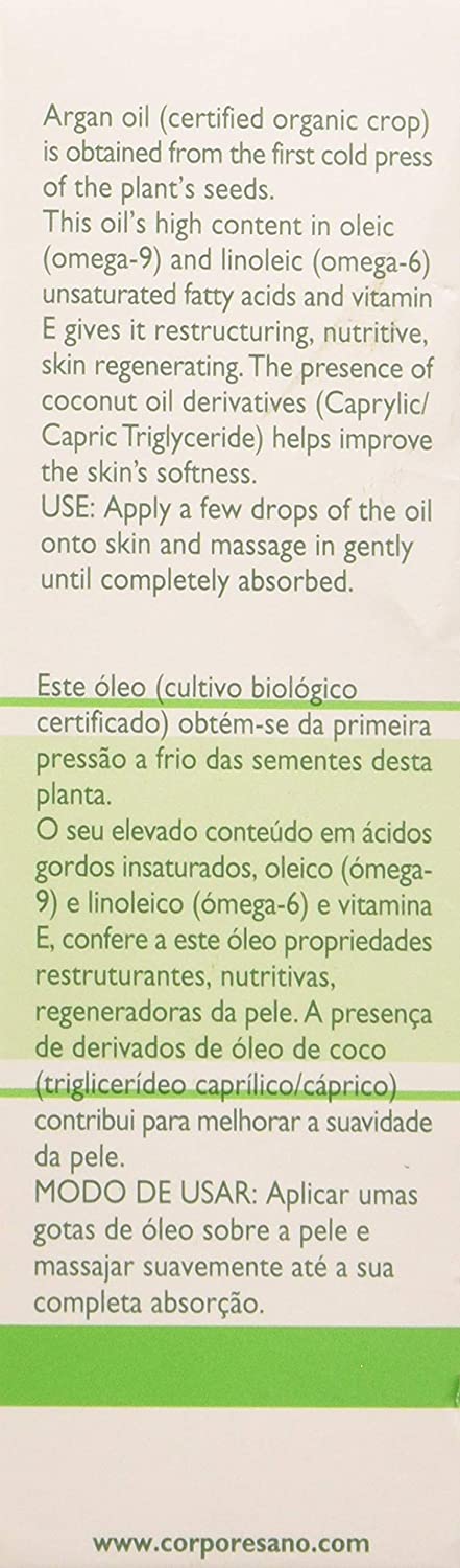 Corpore Sano Natural Argan Oil-Antioxidant & skin regenerating-FIRST COLD PRESS-CERTIFIED ORGANIC-Imported from Spain-30 ml/1 fl. oz