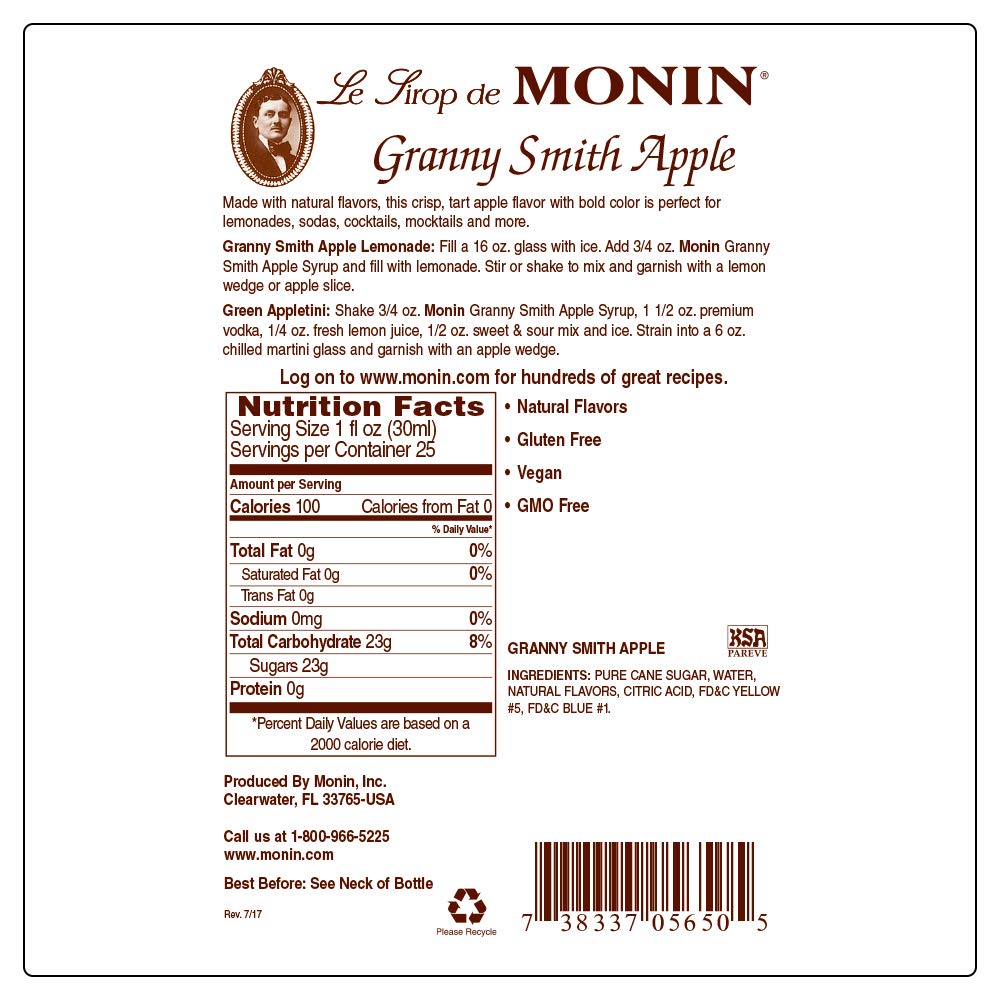 Monin - Granny Smith Apple Syrup, Tart and Sweet, Great for Cocktails and Lemonades, Gluten-Free, Non-GMO (750 ml)