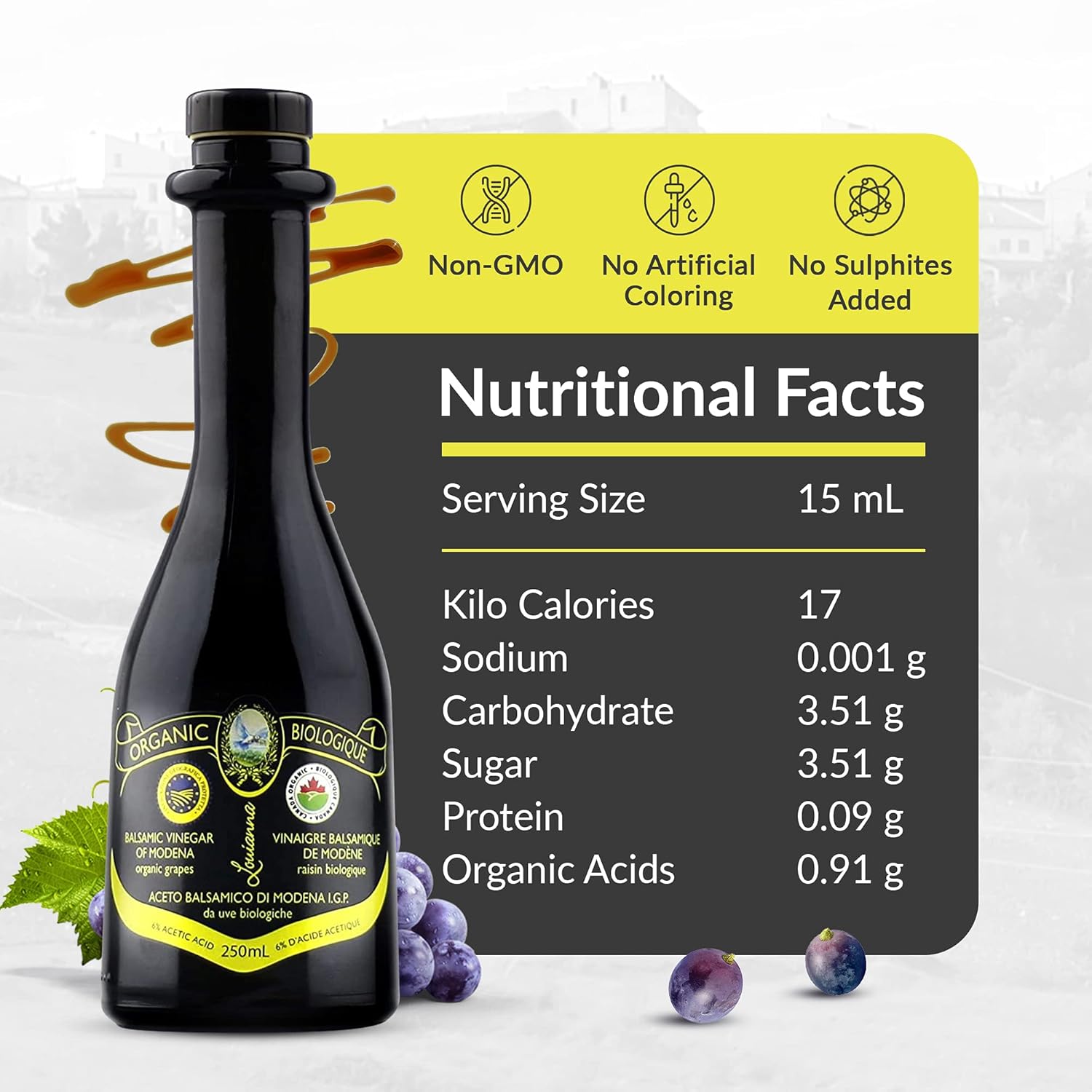 Louianna - Organic Balsamic Vinegar of Modena, High Polyphenol Balsamic Vinegar Dressing, Aged Red Wine Vinegar Made of Trebbiano Grapes, 250 mL