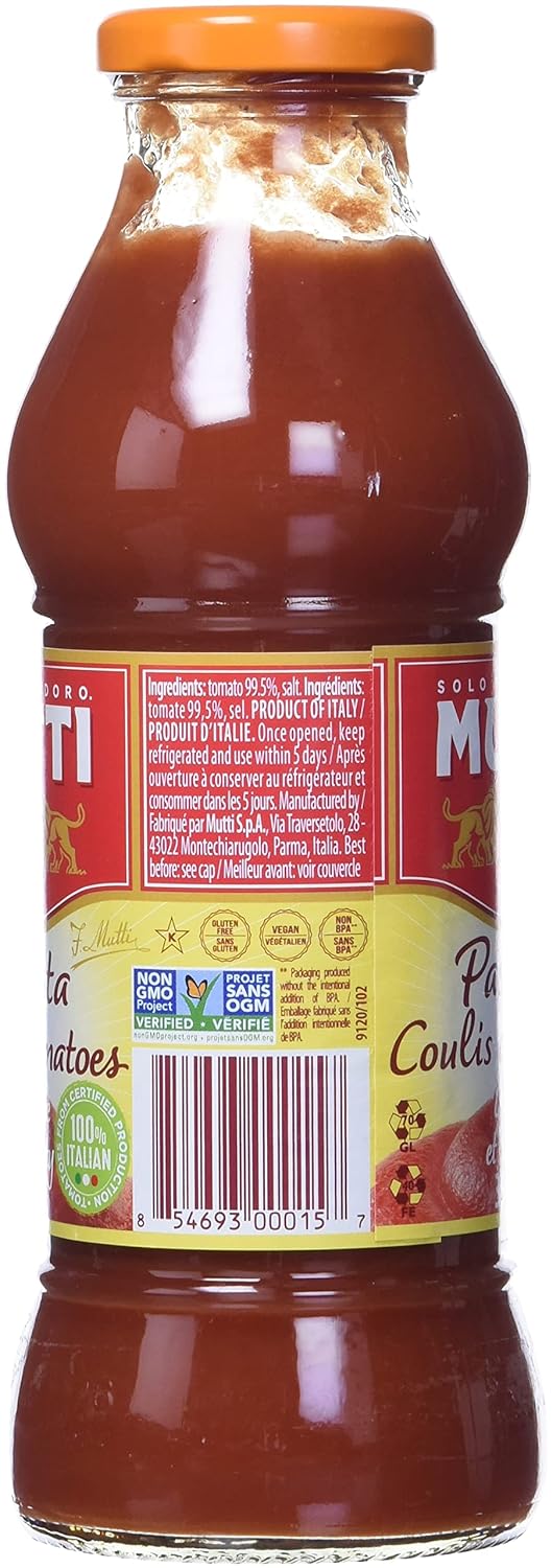 Mutti Tomato Puree (Passata), 14 oz. | 1 Pack | Italy’s #1 Brand of Tomatoes | Fresh Taste for Cooking | Canned Tomatoes | Vegan Friendly & Gluten Free | No Additives or Preservatives