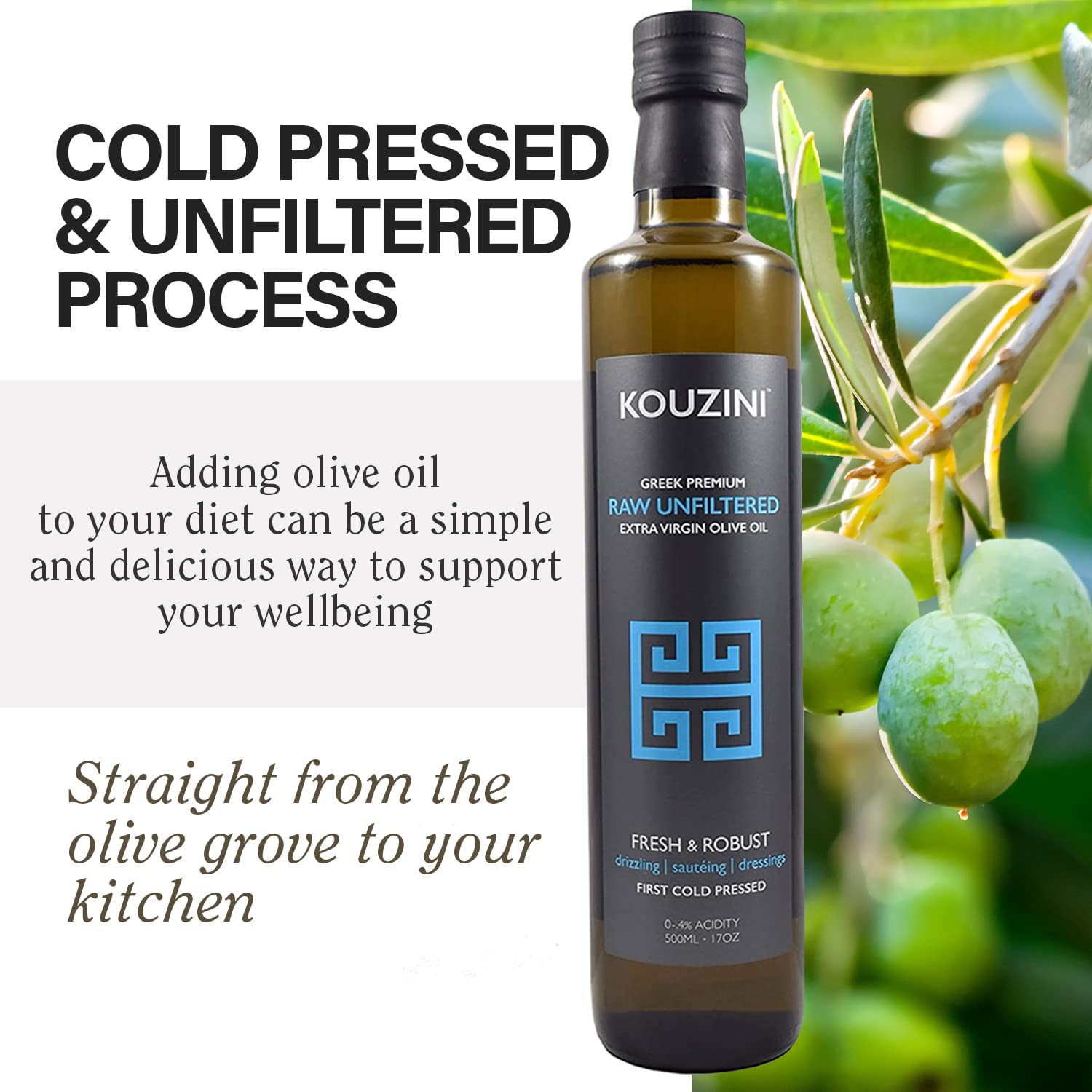 Kouzini Unfiltered Raw Extra Virgin Greek Olive Oil, Greek Extra Virgin Cold Pressed Olive Oil, Single Origin, High Polyphenols, Authentic Taste, Rich Flavor & Aroma, 500ml Glass Bottle