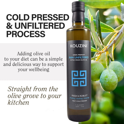 Kouzini Unfiltered Raw Extra Virgin Greek Olive Oil, Greek Extra Virgin Cold Pressed Olive Oil, Single Origin, High Polyphenols, Authentic Taste, Rich Flavor & Aroma, 500ml Glass Bottle