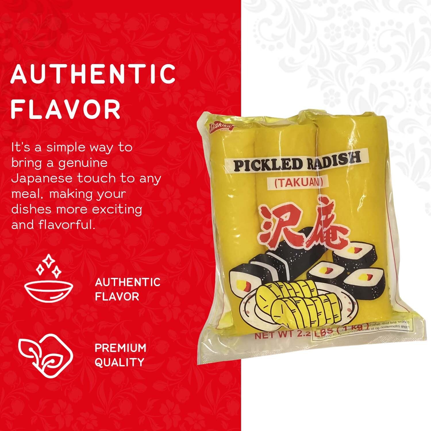 Shirakiku Pickled Radish Takuwan | Japanese Pickle with Sulfites | Ideal for Asian Sushi, Bento Boxes, Sandwiches, and Salads | (3-piece) Pack of 1, 2.2 Pounds