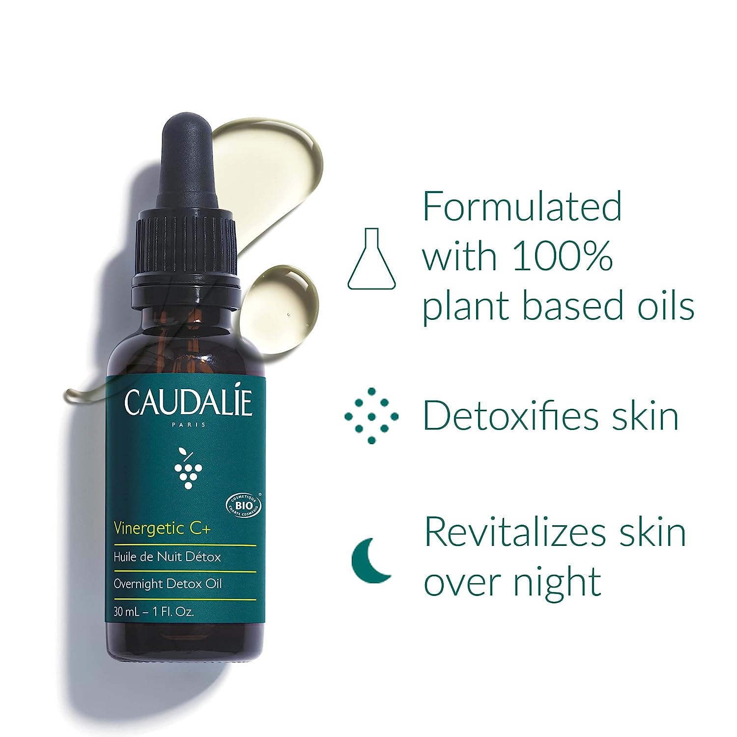 Caudalie Overnight Detox Oil - Detox and Purify Pores Overnight - Moisturizes, Plumps, Smoothes and Refreshes Skin with Grape Seed, Almond and Rosemary Oils, 1 Fl Oz