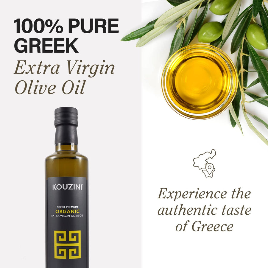 Kouzini Organic Greek Extra Virgin Olive Oil, First Cold Pressed, Single Origin, Family Owned Organic Extra Virgin Olive Oil, Cold Pressed EVOO for Cooking, Salad Dressings & more, 500ml