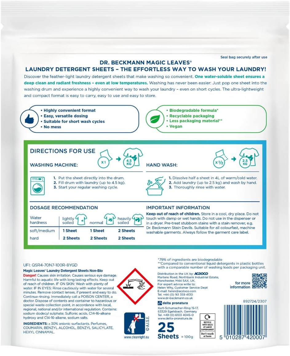 Dr. Beckmann MAGIC LEAVES Laundry Detergent Sheets NON-BIO | 25 Sheets
