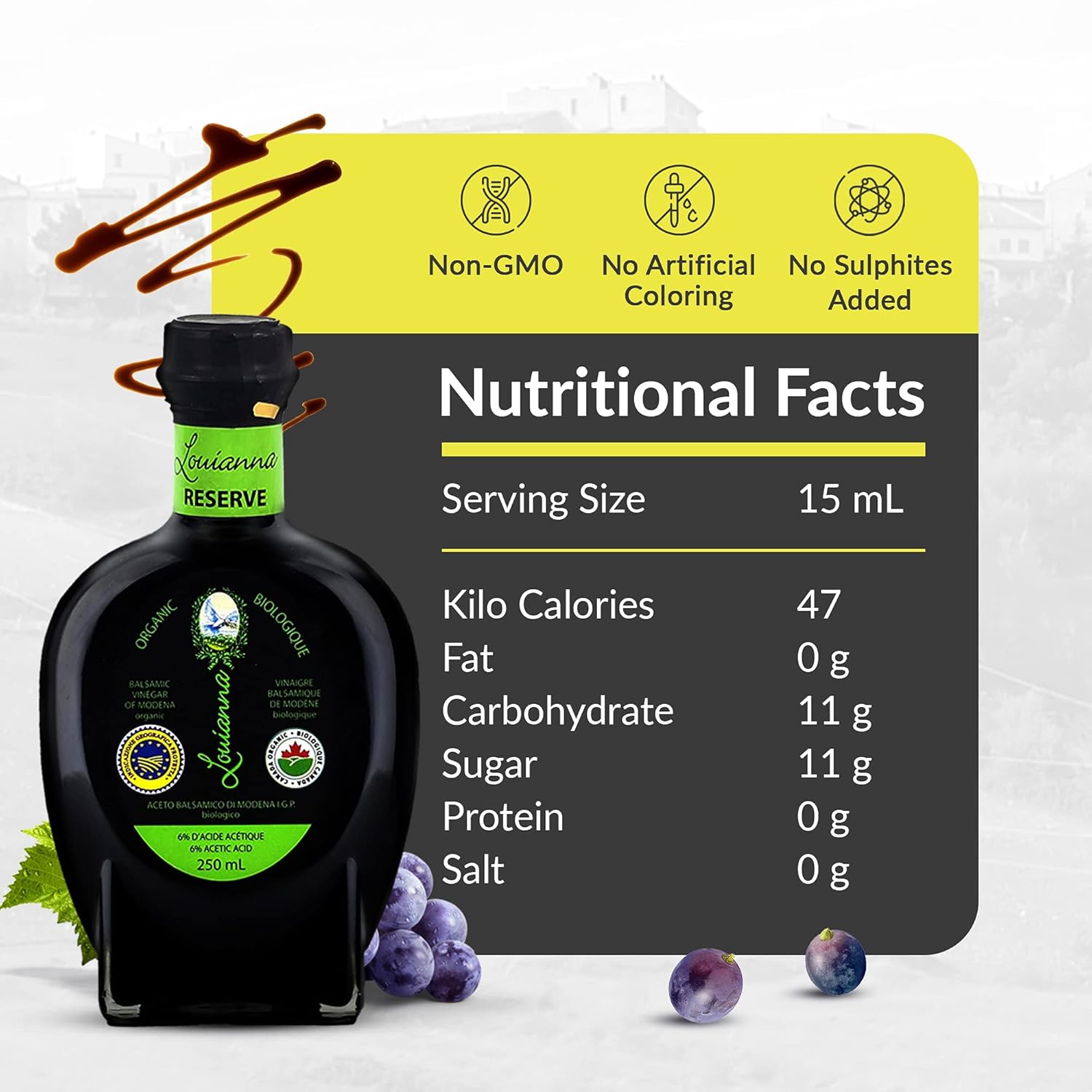 Louianna - Organic Balsamic Vinegar of Modena, High Polyphenol Aged Balsamic Vinegar, Aromatic Vinegar Made of Trebbiano Grapes, With Igp Recognition, 250 mL