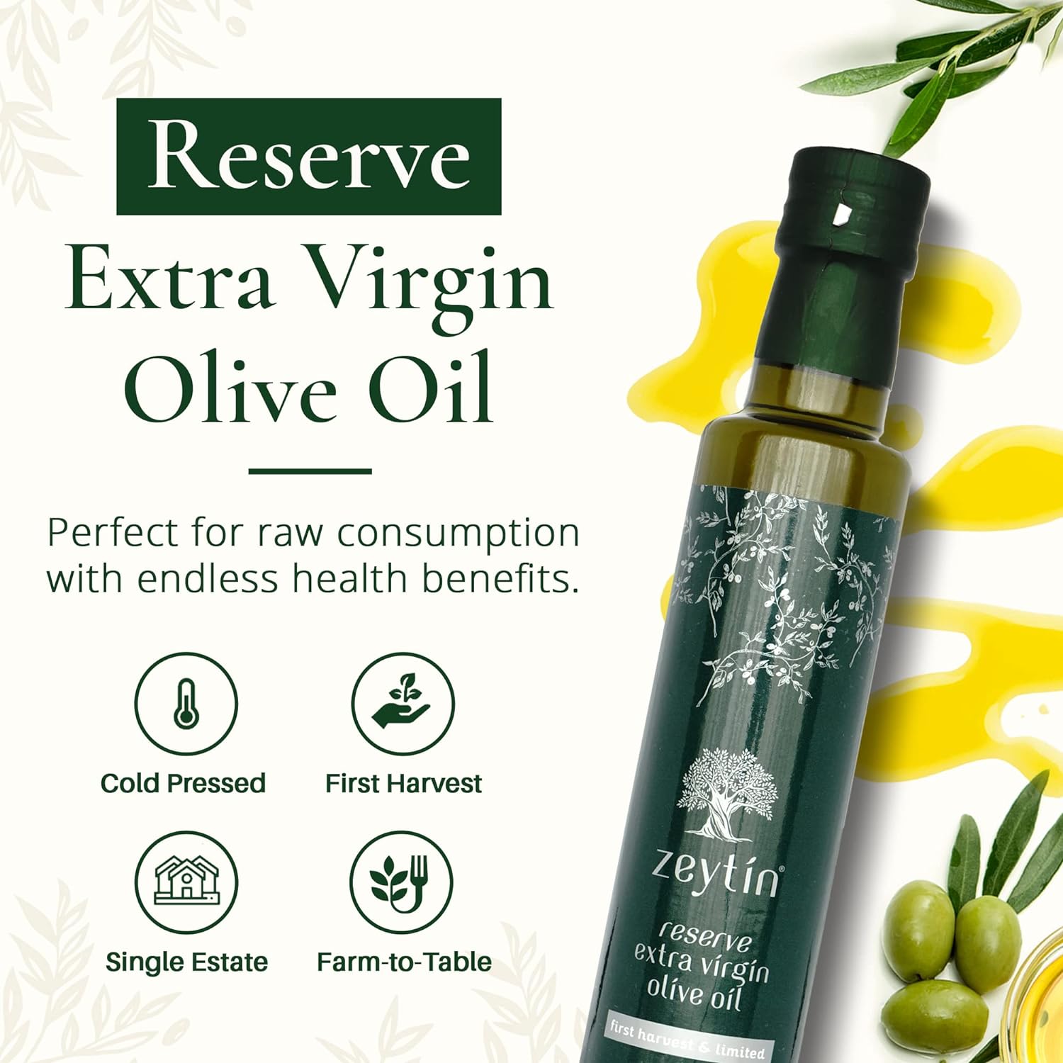 Zeytin - Olive Oil Reserve Extra Virgin - Early & Fresh 2022-2023 Harvest - Awarded Brand - Single Estate, 40x More Polyphenol - Cold Pressed Glass Bottle - Vegan, Keto, Robust & Intense - 8.5fl oz