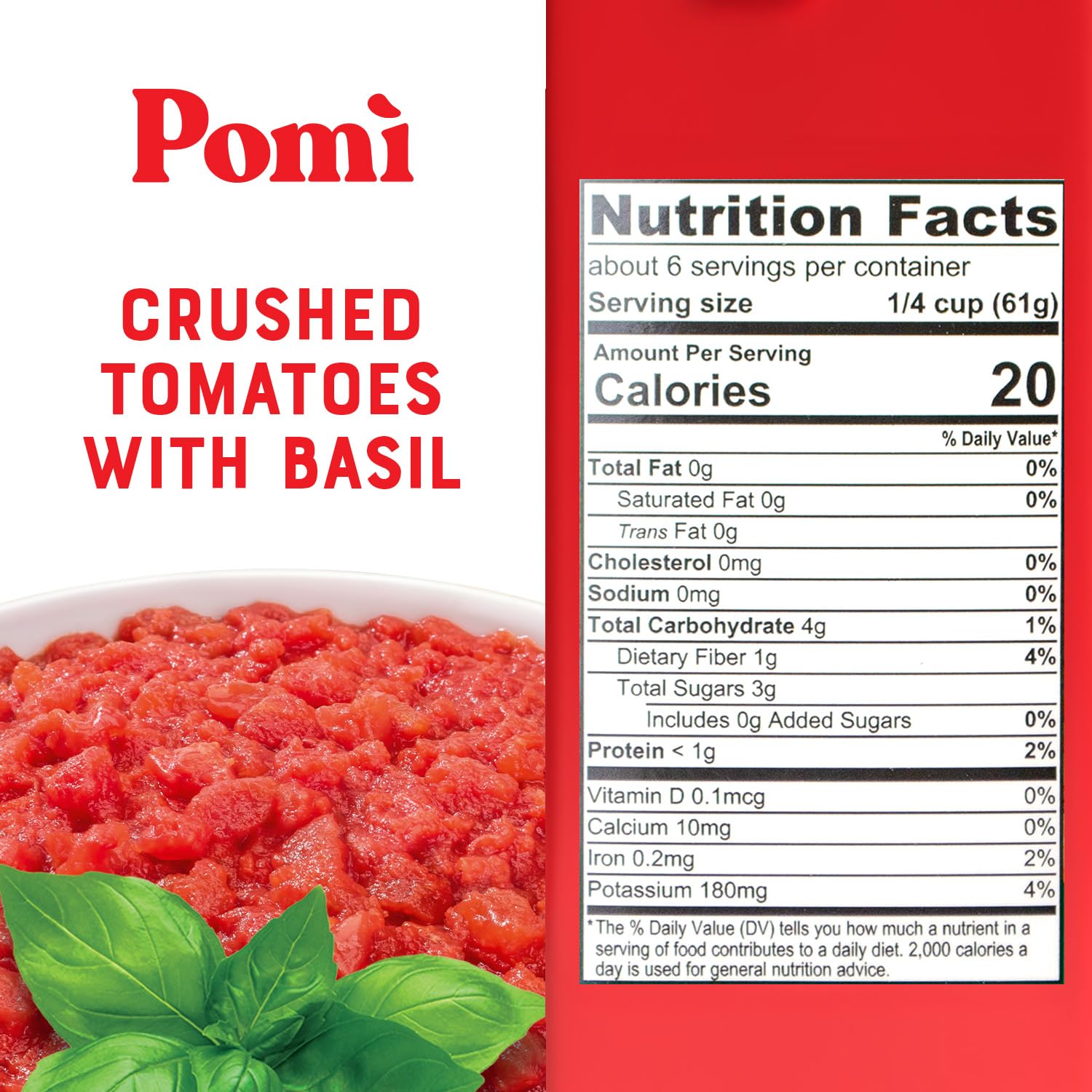 Pomì Crushed Tomatoes with Basil - Creamy, Velvety Italian Tomato Sauce No Salt Added, No Additives or Preservatives Tomato Crushed - Made from 100% Fresh Italian Tomatoes - 13.8oz