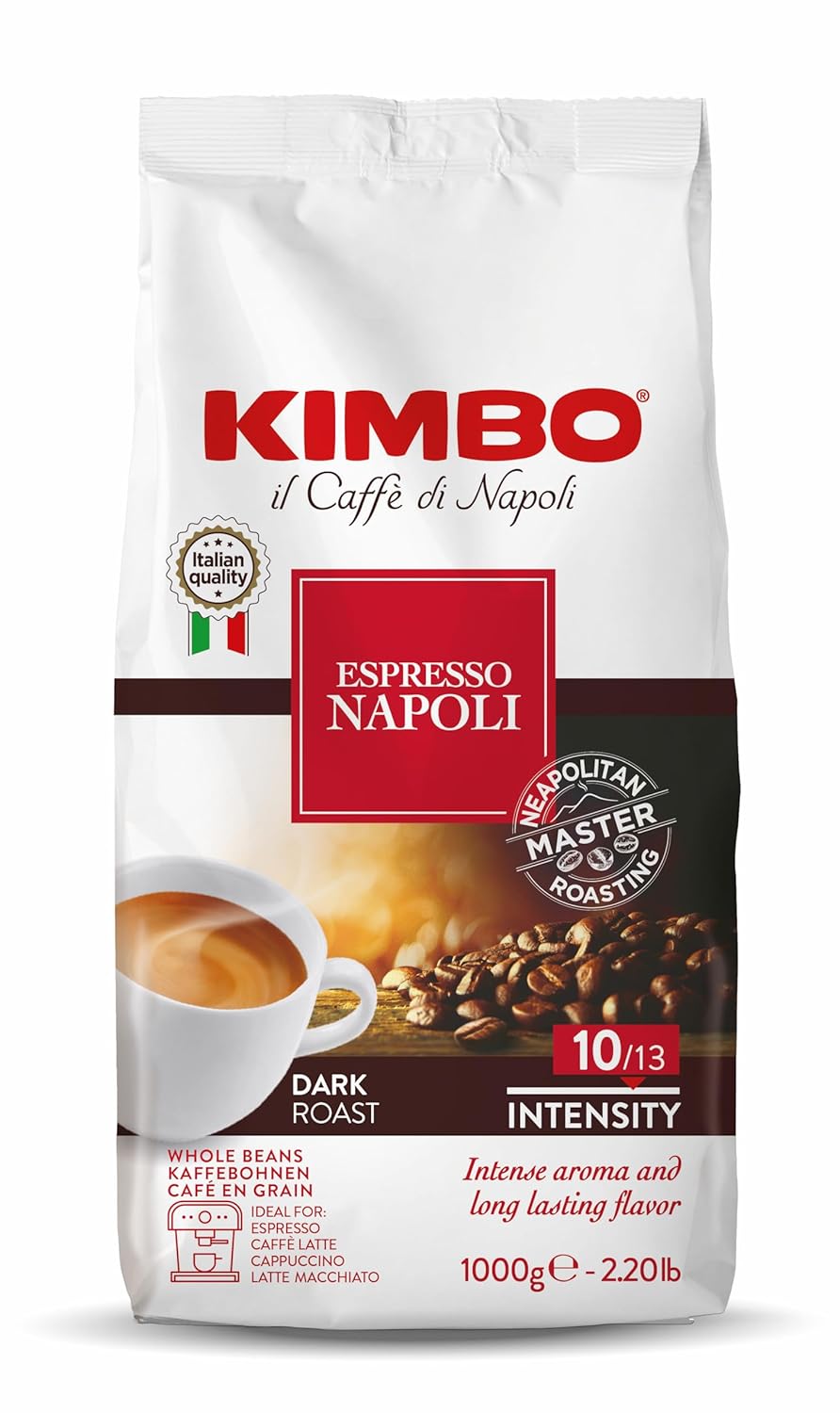 Kimbo Espresso Napoletano Whole Coffee Beans, Dark Roast, 1kg Bag