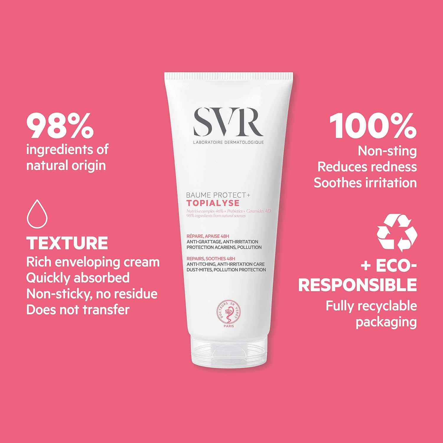 SVR Topialyse Intensive Balm Face and Body Moisturizer - 48hr Itch Relief, Soothing Care for Very Dry, Sensitive Skin, All Ages - Intensive Fragrance Free Moisturizing Care with Ceramides