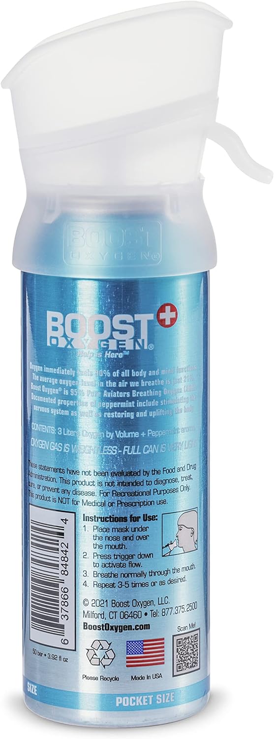 All New 3 Liter Boost Oxygen Supplemental Oxygen to Go | All-Natural Respiratory Support for Health, Wellness, Performance, Recovery and Altitude (Peppermint, 1 Pack)