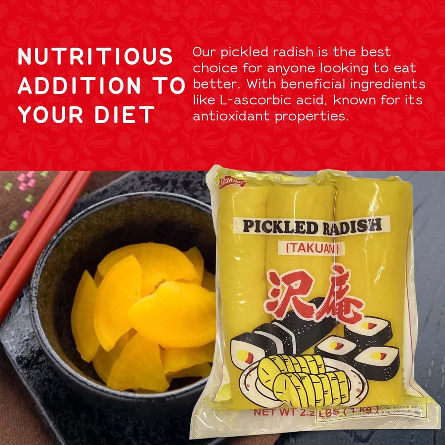 Shirakiku Pickled Radish Takuwan | Japanese Pickle with Sulfites | Ideal for Asian Sushi, Bento Boxes, Sandwiches, and Salads | (3-piece) Pack of 1, 2.2 Pounds