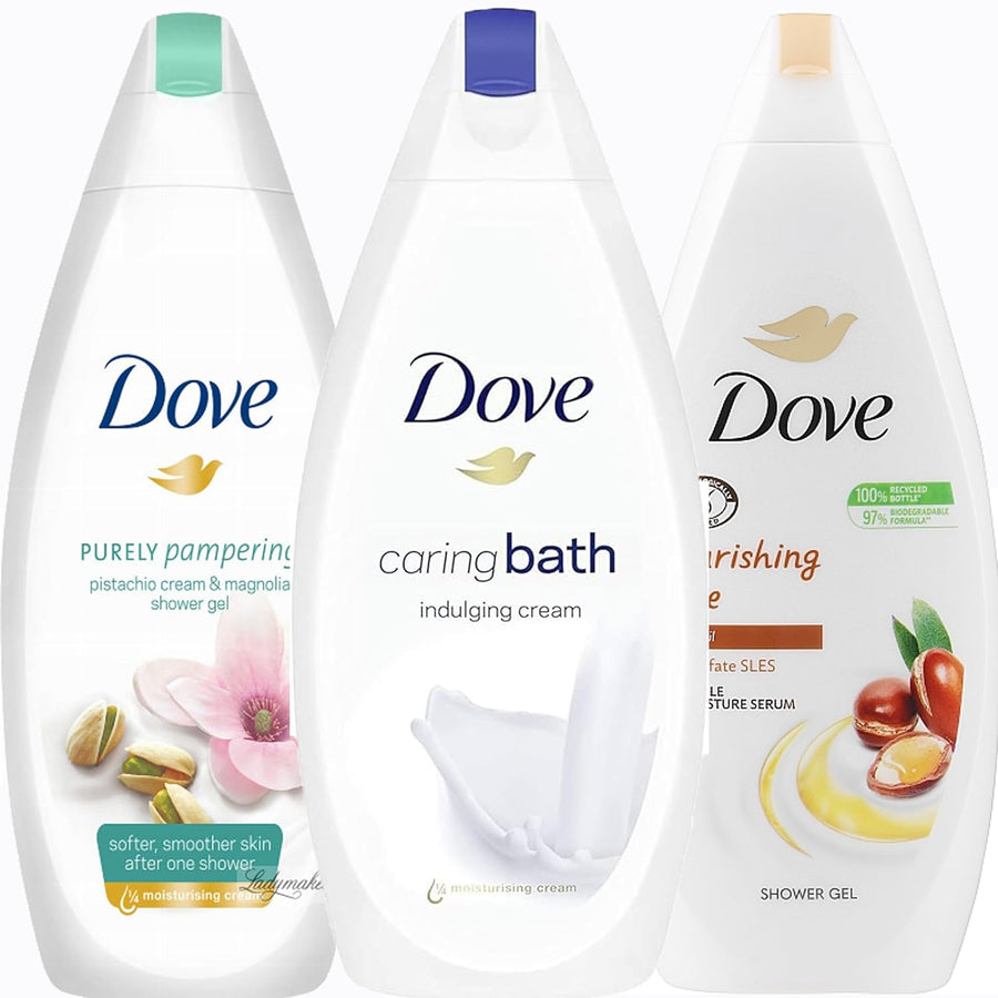 Dove Body Wash Variety Set of 3, Pistachio Cream and Mangolia, Caring Bath, Nourishing Care Argan Oil, 25.36 Ounce Each