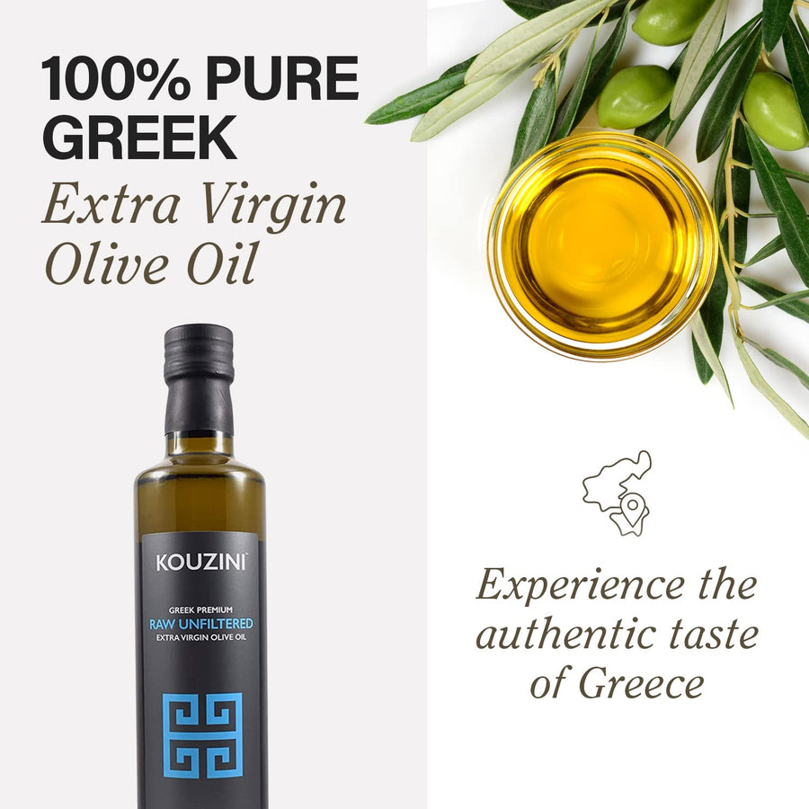 Kouzini Unfiltered Raw Extra Virgin Greek Olive Oil, Greek Extra Virgin Cold Pressed Olive Oil, Single Origin, High Polyphenols, Authentic Taste, Rich Flavor & Aroma, 500ml Glass Bottle