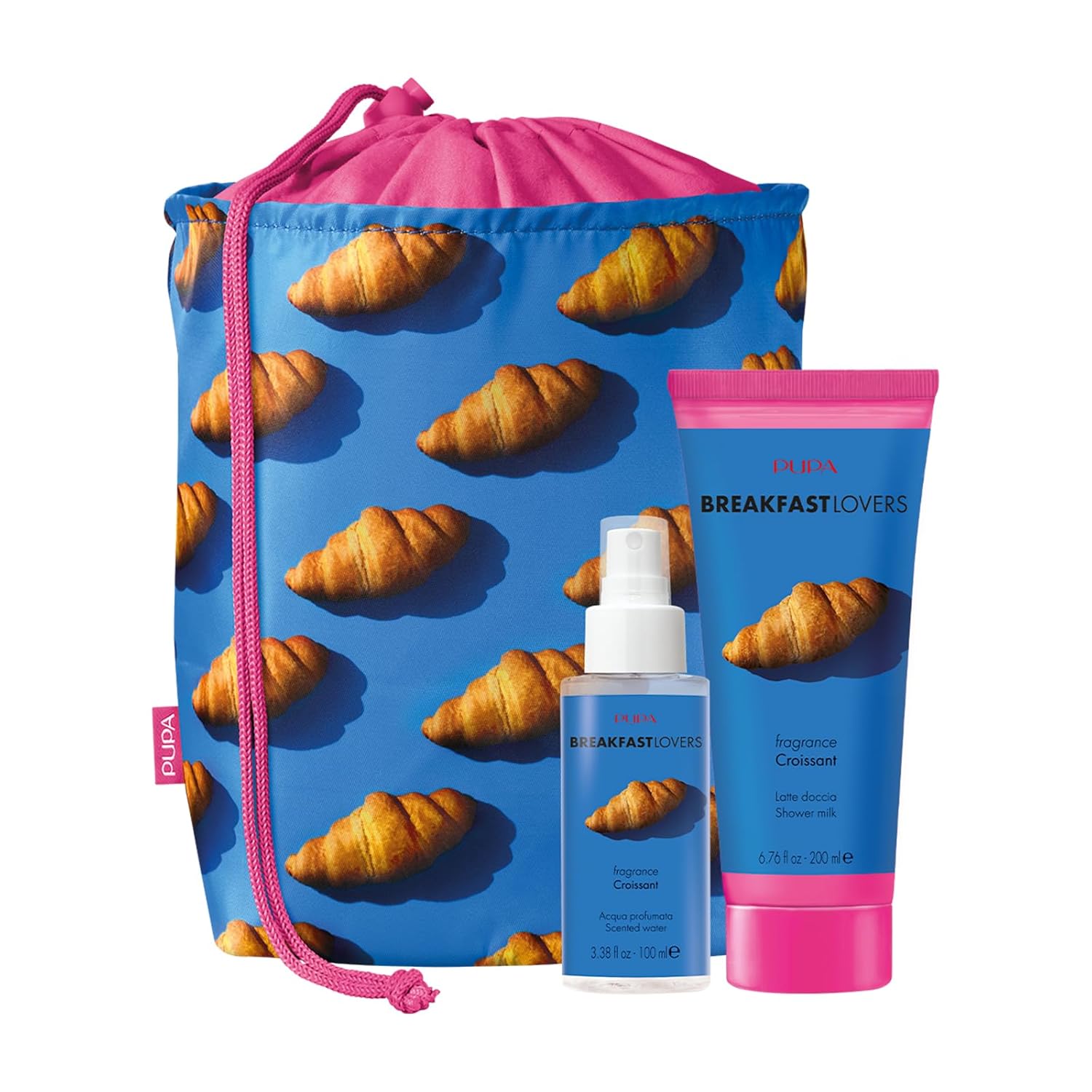 Pupa Milano Breakfast Lovers Set, Croissant, 3 Pc - Shower Milk and Scented Water - Body Wash - Body Mist - Hydrating Body Wash - Skin Care Gift Set