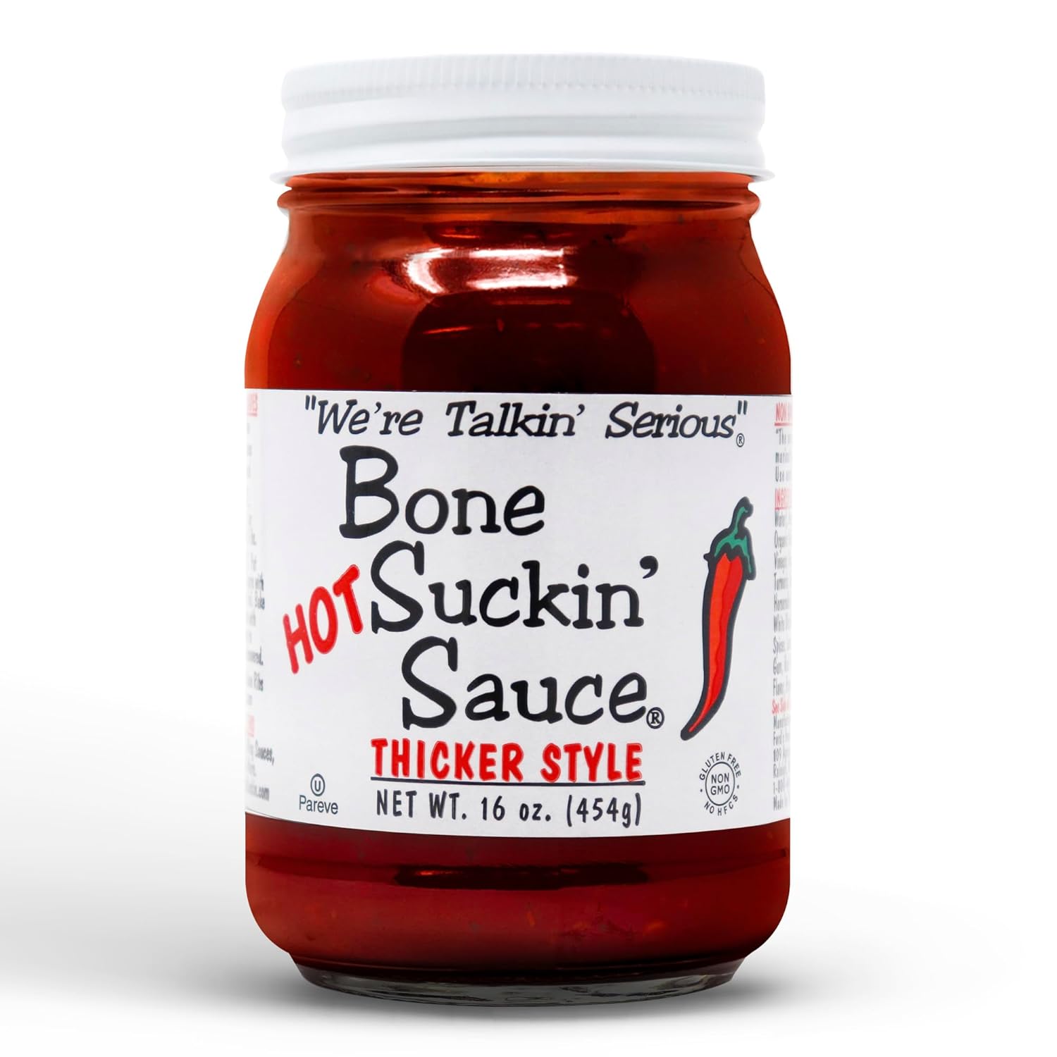 Bone Suckin' Sauce Hot Thicker Style BBQ Sauce - 16 oz in Glass Bottle, Hot Thick Barbecue Sauce For Ribs, Chicken, Pork, Fish, Beef - Gluten-Free, Non-GMO, Kosher, Sweetened w/ Honey & Molasses- 1 Pc