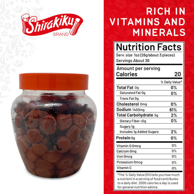 Shirakiku Salted Plums Shiso Ume PET | Japanese Umeboshi Plums for Vinaigrettes, Noodles, Sandwiches, & Rice Balls | High Fructose Syrup, Seasoned Perilla | Pack in 2.2lbs Jar