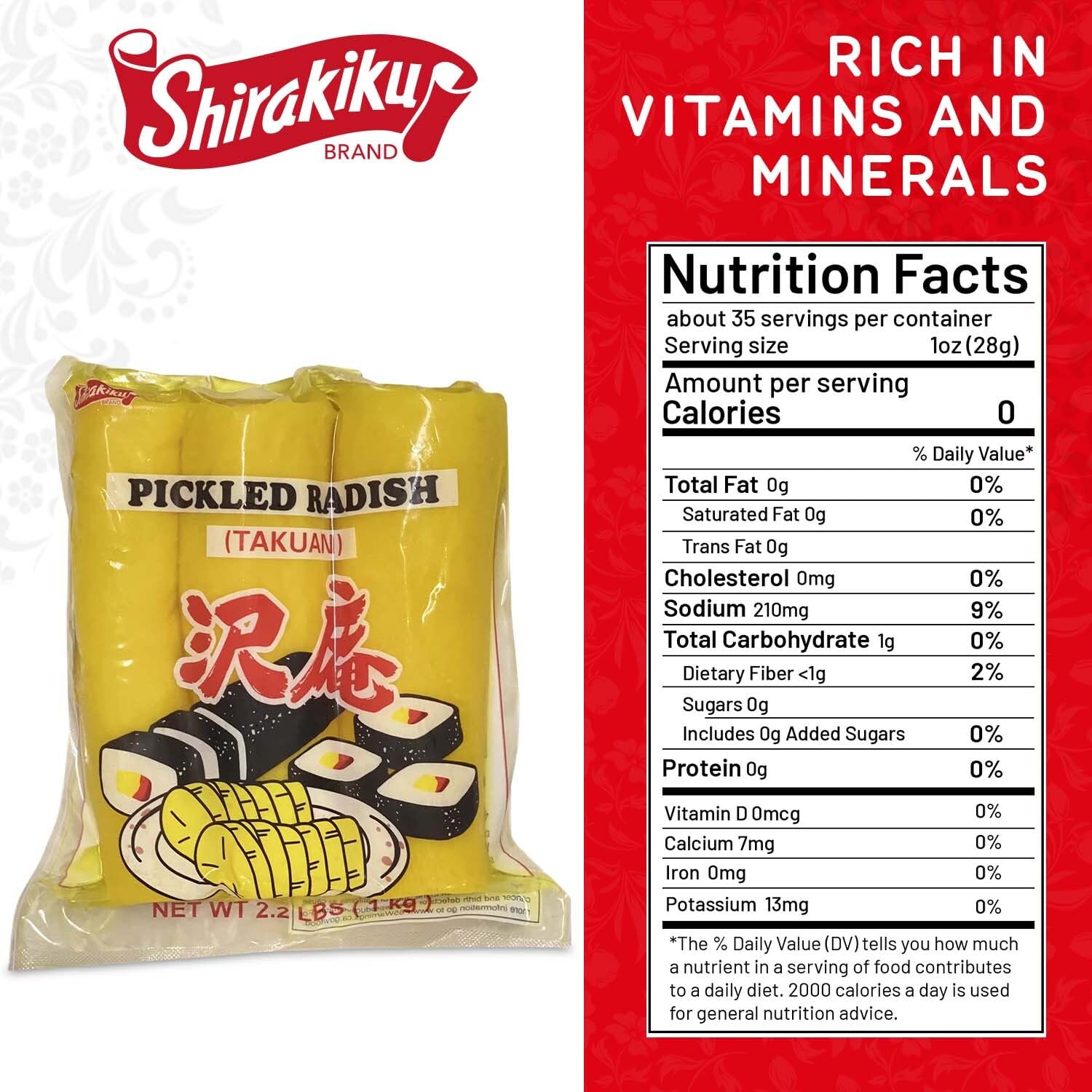 Shirakiku Pickled Radish Takuwan | Japanese Pickle with Sulfites | Ideal for Asian Sushi, Bento Boxes, Sandwiches, and Salads | (3-piece) Pack of 1, 2.2 Pounds