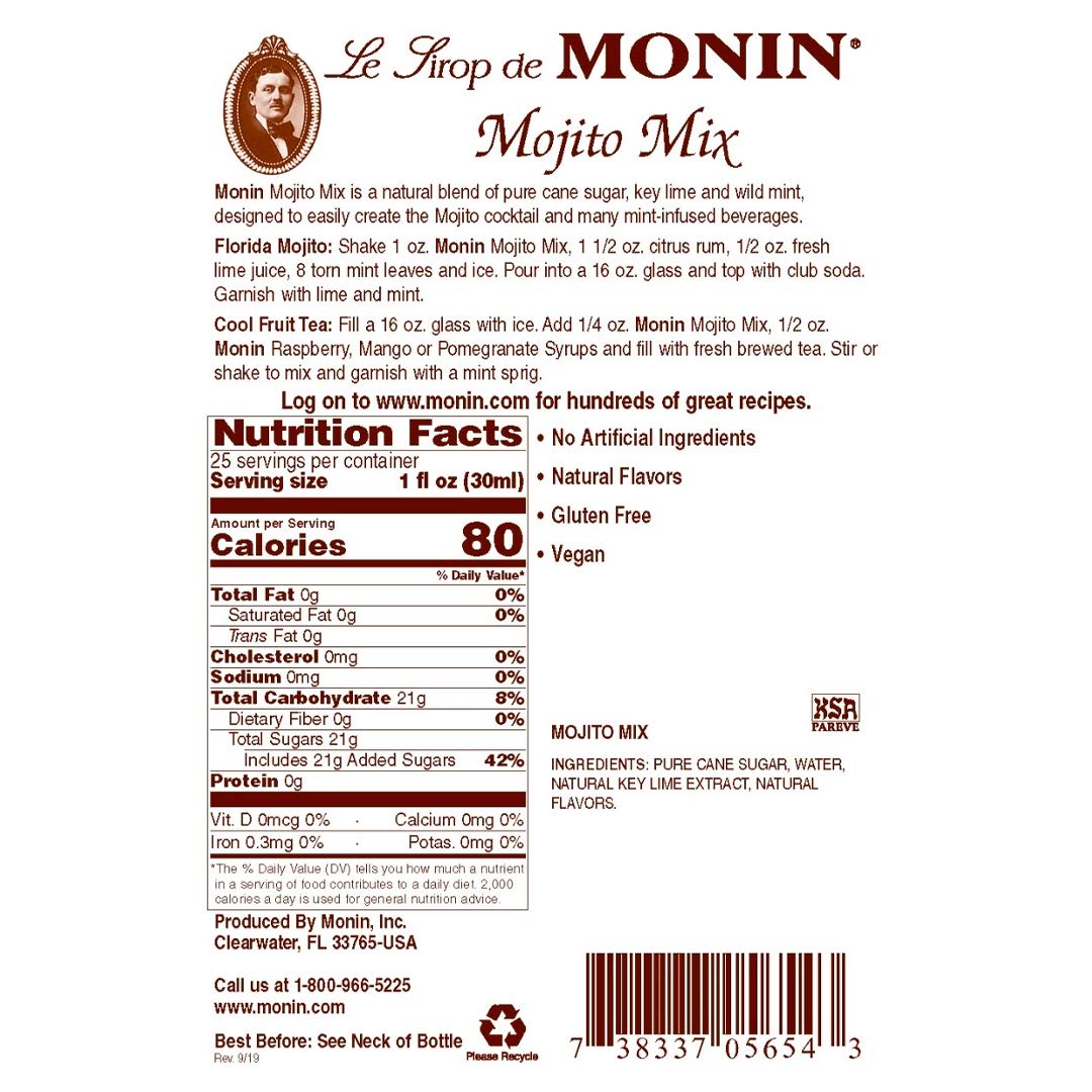 Monin - Mojito Mix Syrup, Sweet Herbal Mint Flavor, Great for Frozen Cocktails, Mocktails, & Delicious Desserts, Gluten-Free, Vegan, Non-GMO (750 ml)