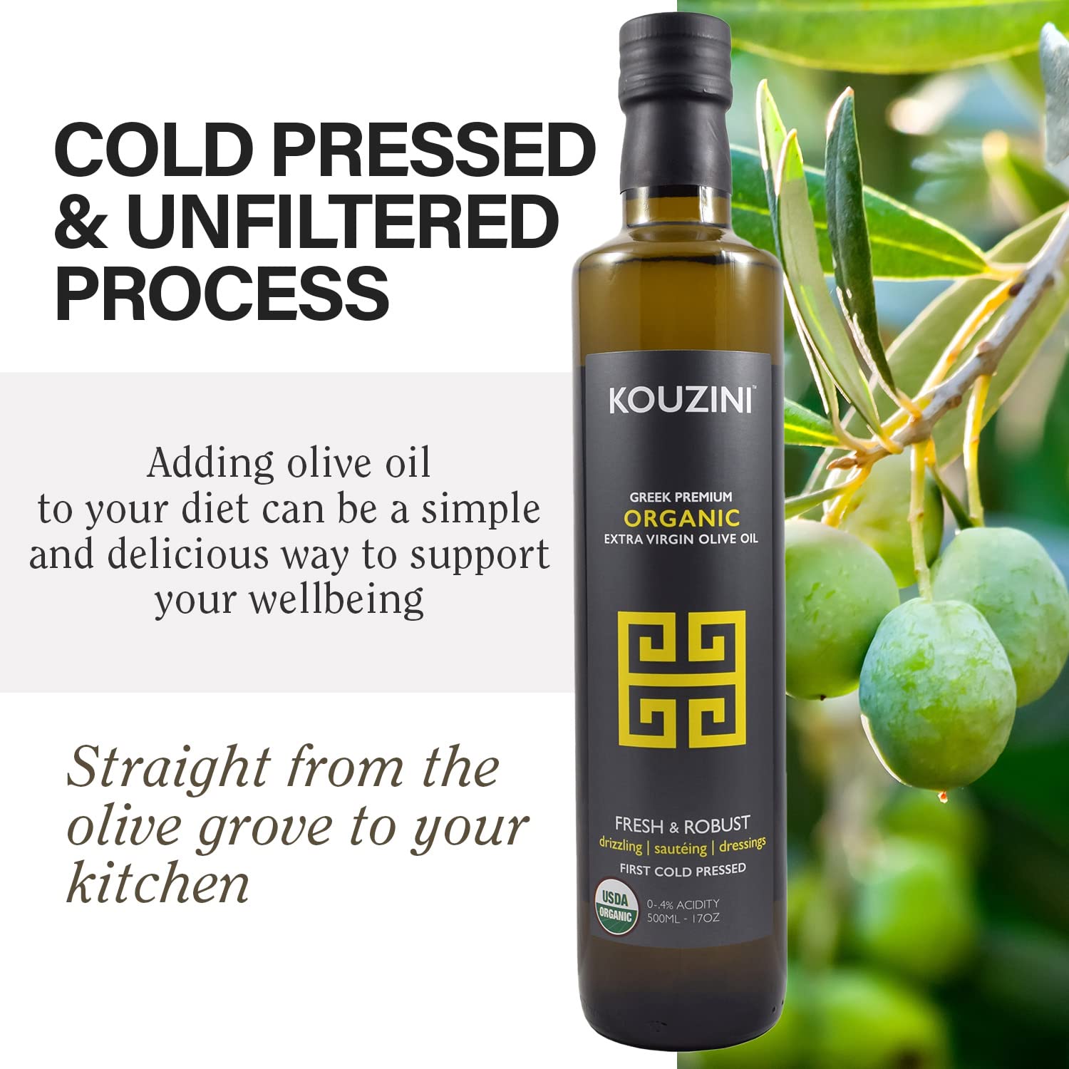 Kouzini Organic Greek Extra Virgin Olive Oil, First Cold Pressed, Single Origin, Family Owned Organic Extra Virgin Olive Oil, Cold Pressed EVOO for Cooking, Salad Dressings & more, 500ml