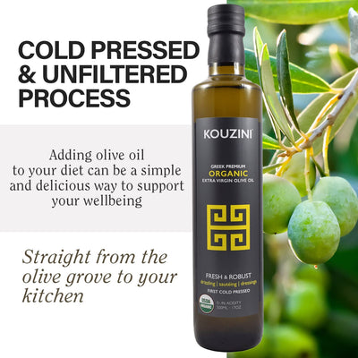 Kouzini Organic Greek Extra Virgin Olive Oil, First Cold Pressed, Single Origin, Family Owned Organic Extra Virgin Olive Oil, Cold Pressed EVOO for Cooking, Salad Dressings & more, 500ml