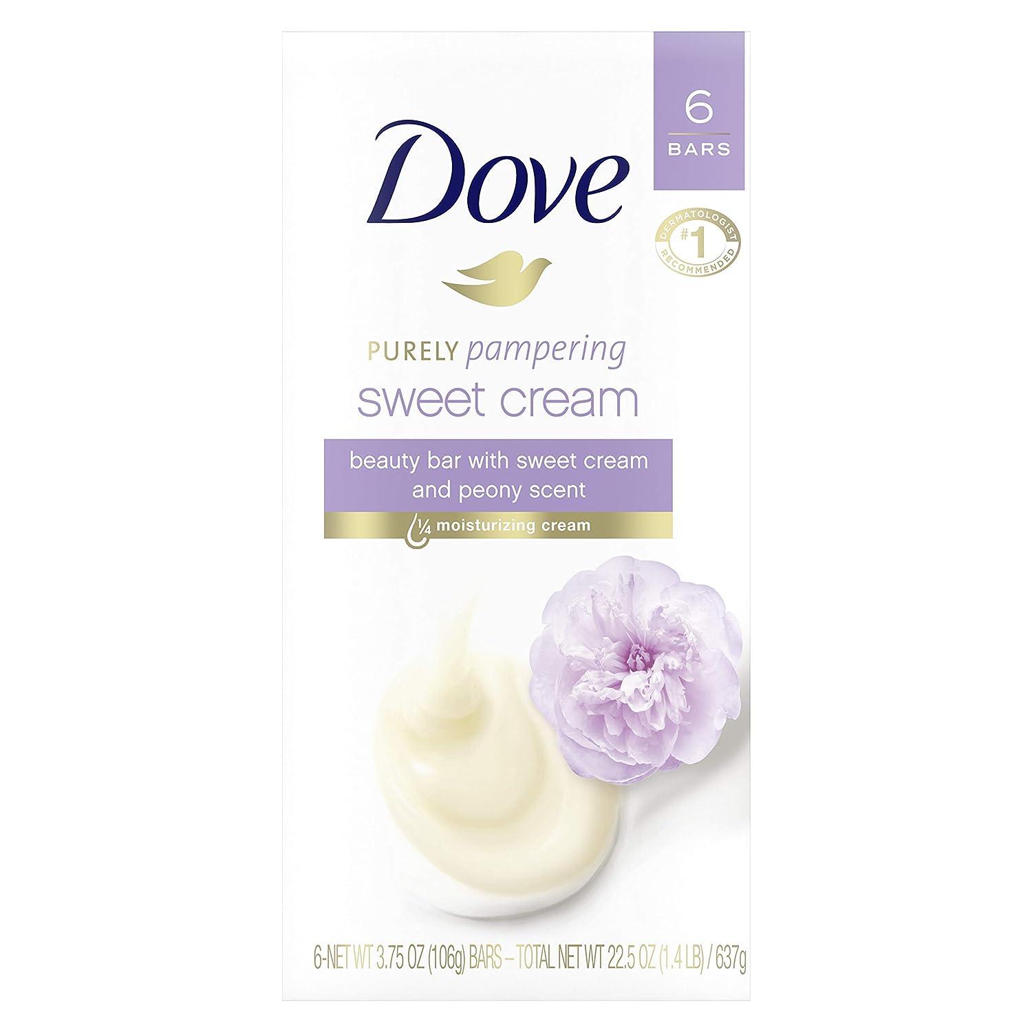 Dove Purely Pampering Beauty Bar for Softer Skin Sweet Cream & Peony More Moisturizing Than Bar Soap 3.75 oz 6 Bars