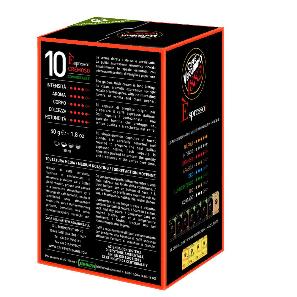 Caffe Vergnano Cremoso Espresso Capsules | Compatible with Nespresso Original Line Machines | Compostable | 10 Count (5 oz) | Imported from Italy