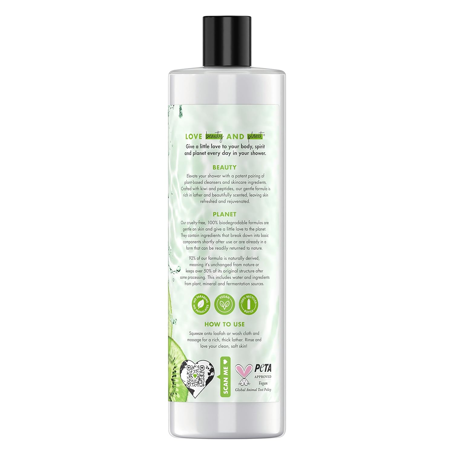 Love Beauty And Planet Plant-Based Body Wash Refresh and Rejuvenate Skin Kiwi and Peptides Made with Plant-Based Cleansers and Skin Care Ingredients, 100% Biodegradable 20 fl oz