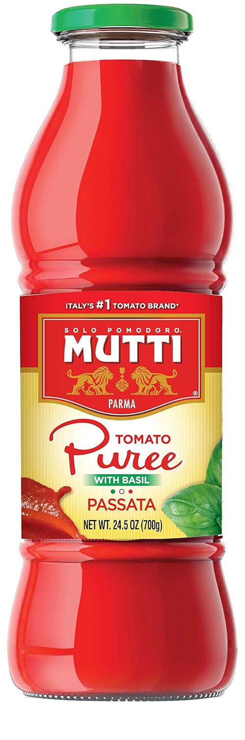 Mutti — 24.5 oz. Tomato Puree with Fresh Basil (Passata con Basilico) from Italy’s #1 Tomato Brand. Sweet and velvety for recipes calling for Pureed Tomatoes.
