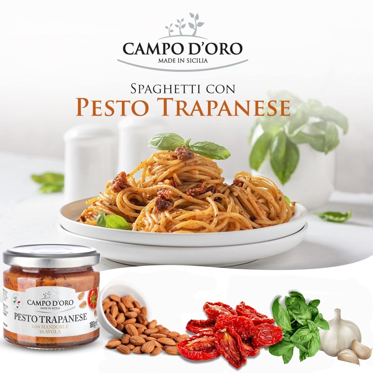 Trapanese Pesto Sauce, made with Tomato Sauce, Basil & Almonds. Italian Specialties. 6.3oz (180g). 100% made in Italy. By Campo D'Oro