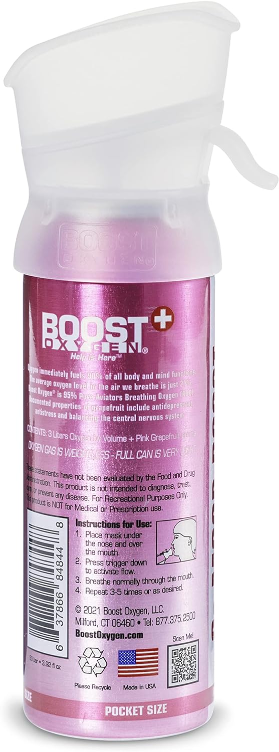 Boost Oxygen All New 3 Liter Supplemental Oxygen to Go | All-Natural Respiratory Support for Health, Wellness, Performance, Recovery and Altitude (Pink Grapefruit, 1 Pack)