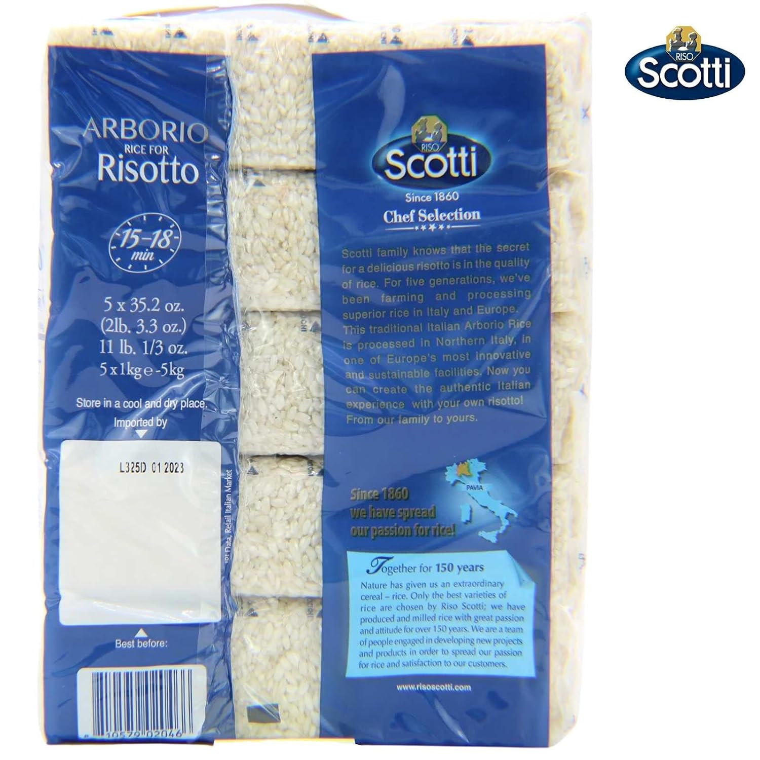 Arborio Rice for Risotto, 11 lbs (5x1 kg) Product of Italy, Chef Selection, Gluten Free, Non-GMO, Vacuumed Packed, Riso Scotti