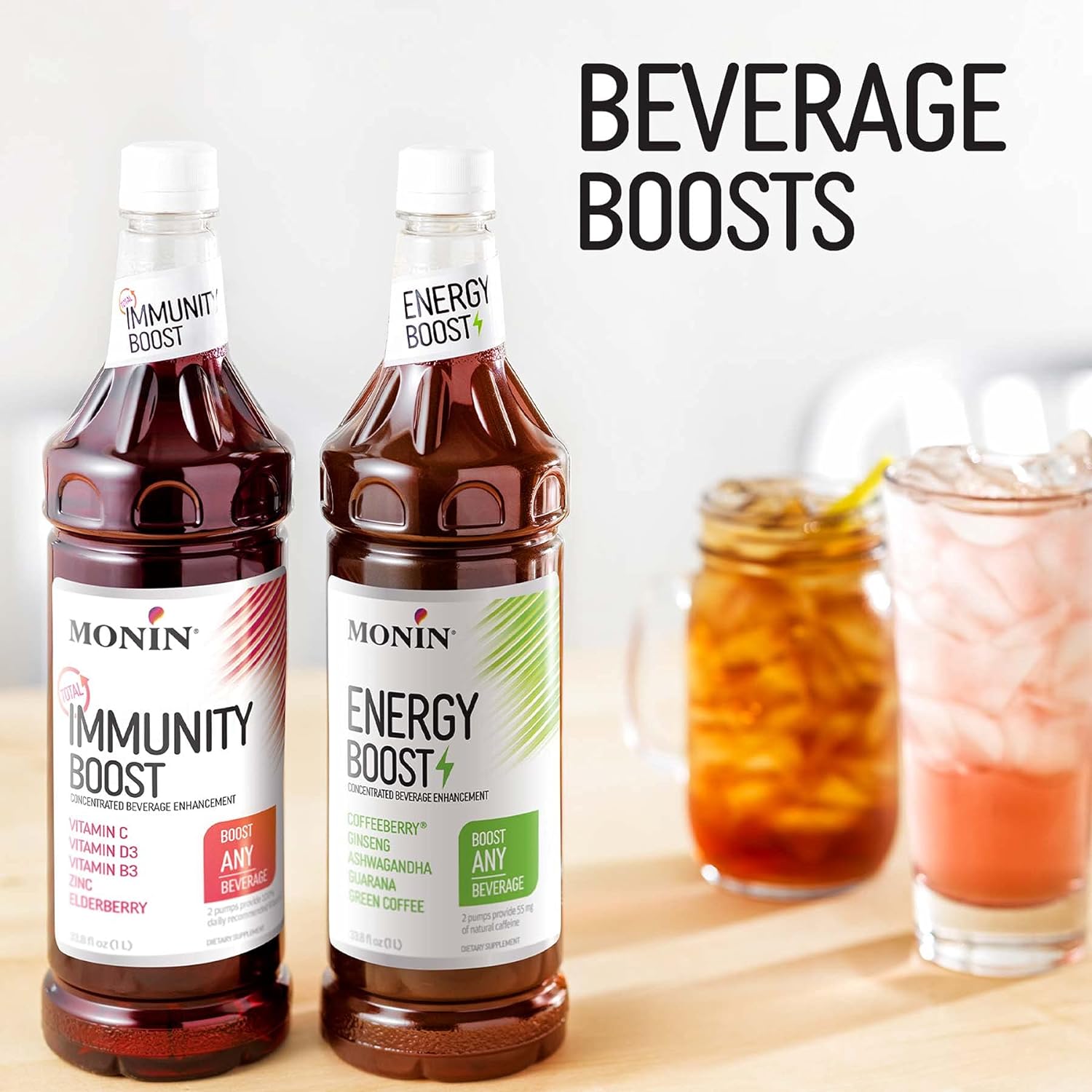 Monin - Energy Boost, Liquid Energy Supplement, Subtle Tea Flavor, Zero Added Sugar, Great for Coffee, Soda, & More, Low-Calorie, Contains Natural Caffeine, Gluten-Free, Clean Label (1 Liter + Pump)