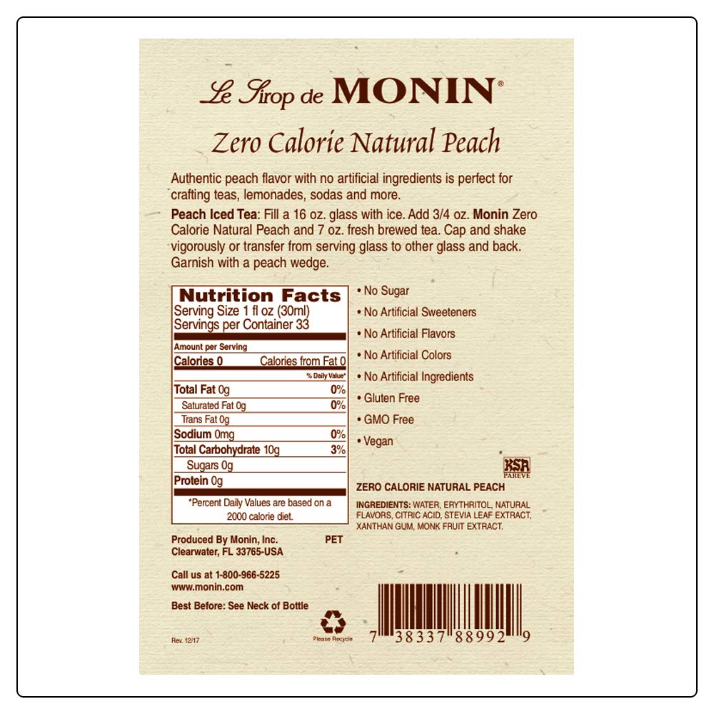 Monin - Zero Calorie Natural Peach Syrup, Fresh and Juicy Flavors, Great for Iced Teas, Lemonades, and Sodas, Non-GMO, Gluten-Free (1 Liter)