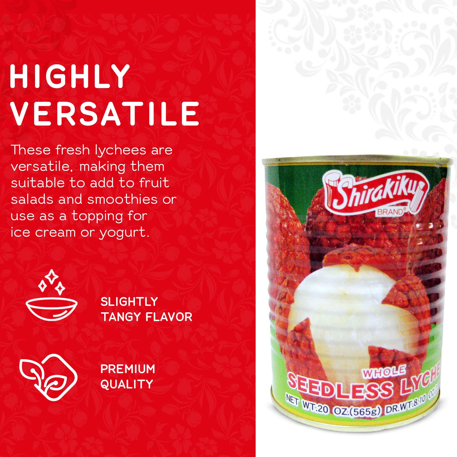 Shirakiku Whole Seedless Lychee - Japanese Fresh Lychee Fruit Canned | Water, Lychee, Sugar, Citric Acid | Perfect For Healthy And Delicious Snacks, 20-Ounce