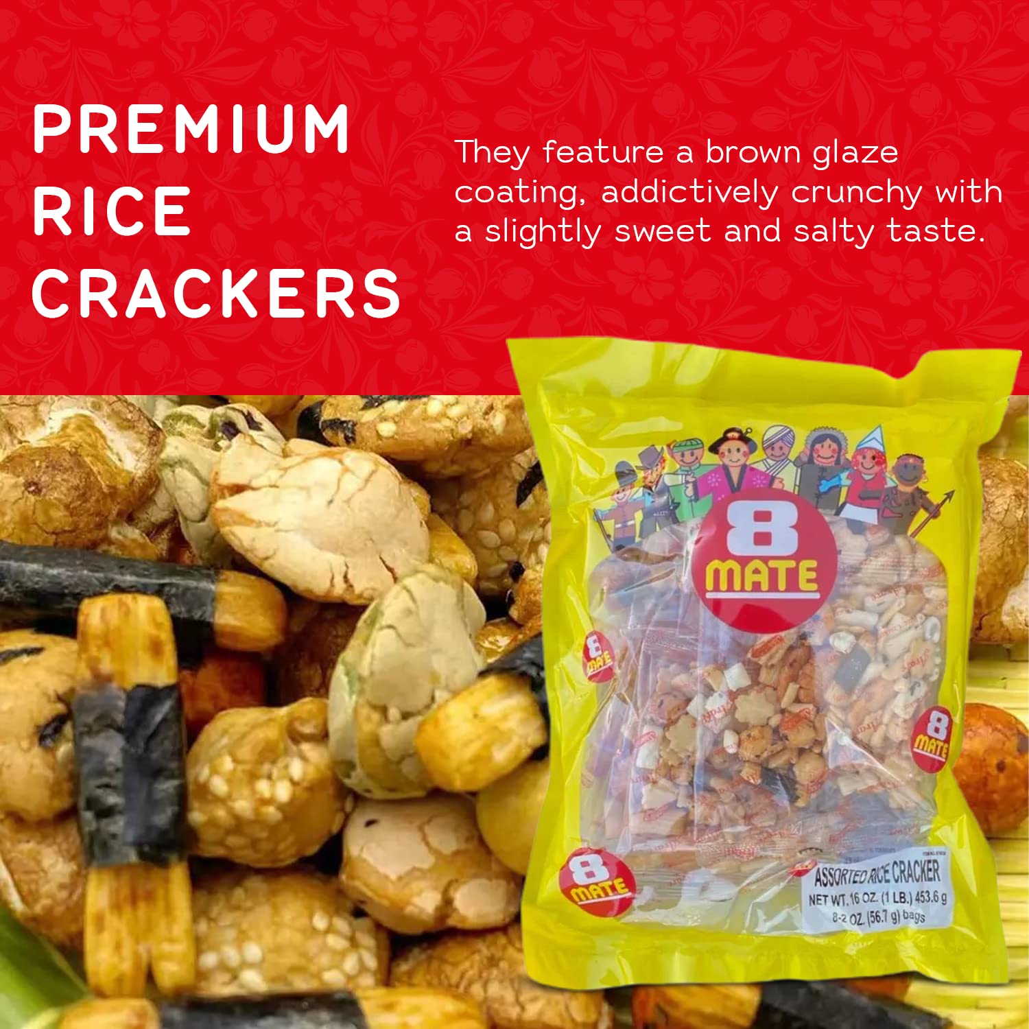 Shirakiku Japanese Style - 8 Mate Premium Arare Assorted Rice Cracker with Green peas | Glutinous Rice, Soy Sauce and Wasabi Green Peas | Asian Snacks, 16 Oz - (Pack of 1)