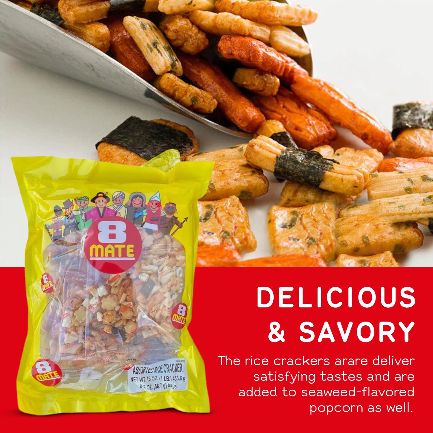 Shirakiku Japanese Style - 8 Mate Premium Arare Assorted Rice Cracker with Green peas | Glutinous Rice, Soy Sauce and Wasabi Green Peas | Asian Snacks, 16 Oz - (Pack of 1)