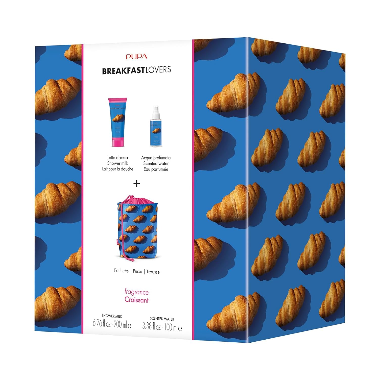 Pupa Milano Breakfast Lovers Set, Croissant, 3 Pc - Shower Milk and Scented Water - Body Wash - Body Mist - Hydrating Body Wash - Skin Care Gift Set