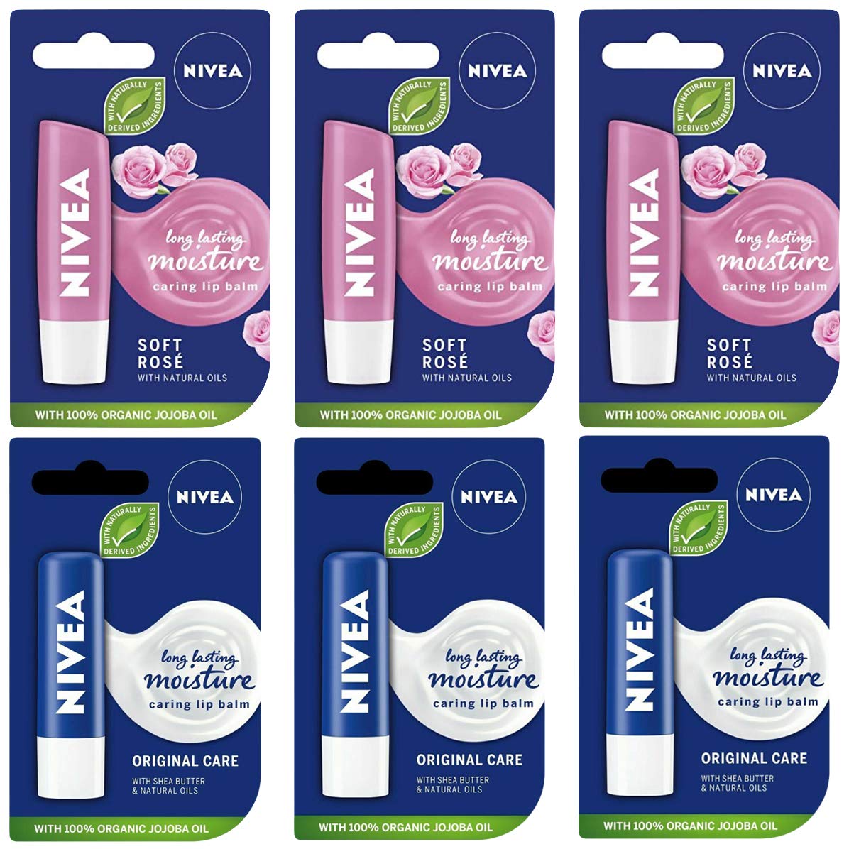 Nivea Lip Balm Lip Moisturizer, Long Lasting Moisturizer, Made with Natural Oils, Soft Rose and Original Moisture, 3 of Each Total 6 Count