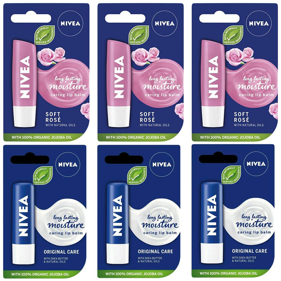 Nivea Lip Balm Lip Moisturizer, Long Lasting Moisturizer, Made with Natural Oils, Soft Rose and Original Moisture, 3 of Each Total 6 Count