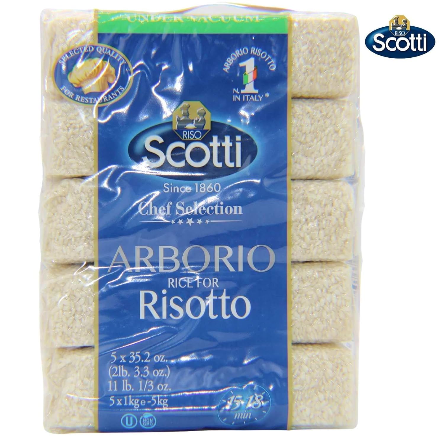 Arborio Rice for Risotto, 11 lbs (5x1 kg) Product of Italy, Chef Selection, Gluten Free, Non-GMO, Vacuumed Packed, Riso Scotti