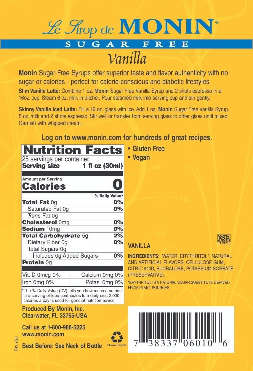 Monin O'free Sugar Free Vanilla Syrup 750ml